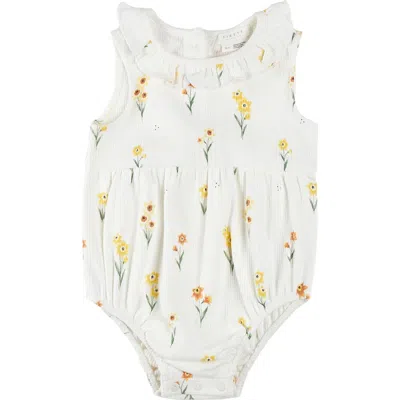 Firsts By Petit Lem Babies'  Daffodil Print Cotton Rib Bubble Romper In Off White