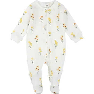 Firsts By Petit Lem Babies'  Daffodil Print Cotton Rib One-piece Footed Pajamas In Off White