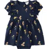 Firsts By Petit Lem Daffodil Print Cotton Skirted Bodysuit In Navy