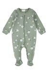 Firsts By Petit Lem Daisy Print Footed Stretch Cotton One-piece Pajamas In Green