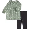 Firsts By Petit Lem Daisy Print Long Sleeve Cotton Dress & Leggings Set In Green