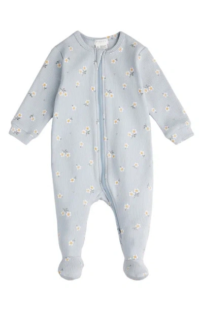 Firsts By Petit Lem Babies' Daisy Print Rib Organic Cotton One-piece Footie Pyjamas In Light Blue