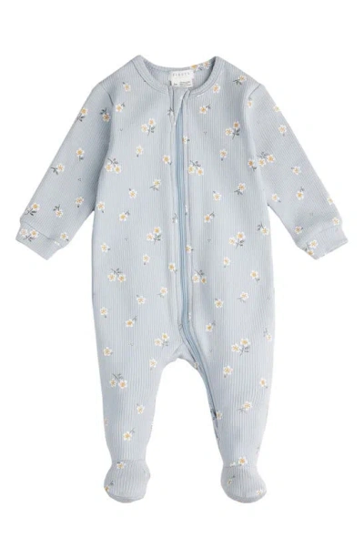 Firsts By Petit Lem Babies' Daisy Print Rib Organic Cotton One-piece Footie Pajamas In Light Blue