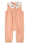 Firsts By Petit Lem Embroidered Collar Clip Dot Organic Cotton Gauze Romper In Coral