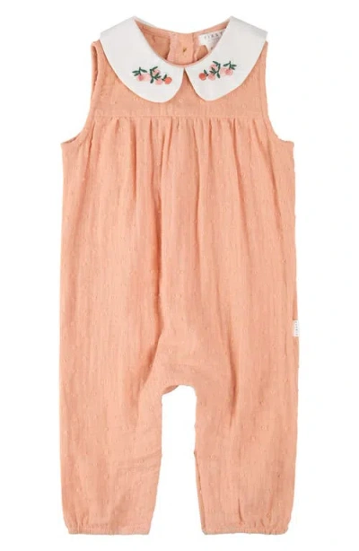 Firsts By Petit Lem Babies'  Embroidered Collar Clip Dot Organic Cotton Gauze Romper In Coral