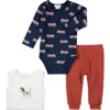 Firsts By Petit Lem Fire Truck Print 3-piece Bodysuits & Rib Joggers Set In Blue