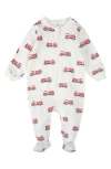 Firsts By Petit Lem Fire Truck Print Footed Stretch Cotton One-piece Pajamas In White