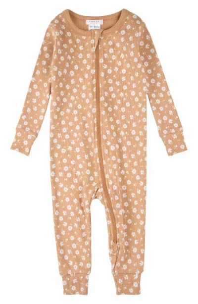 Firsts By Petit Lem Babies'  Floral Cotton Rib Fitted One-piece Pajamas In Brown