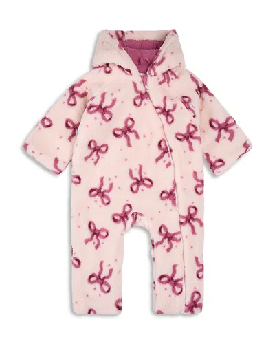Firsts By Petit Lem Girls' Bow Print Faux Sherpa Hooded Bunting Playsuit Coverall - Baby In Pink