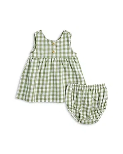 Firsts By Petit Lem Girls' Gingham Linen Blend Dress & Bloomers Set - Baby In Green