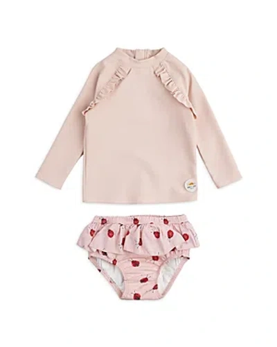 Firsts By Petit Lem Girls' Ribbed Rose Rash Guard Top & Lady Bug Swim Diaper Set - Baby In Pink