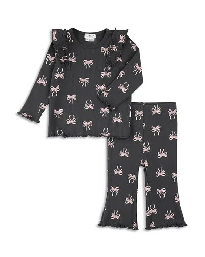 Firsts By Petit Lem Girls' Starlight Skater Bows Print Top & Flared Leggings Set - Baby In Gray