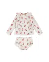 Firsts By Petit Lem Girls' Strawberry Print Long Sleeved Rash Guard Two Piece Swimsuit - Baby In Beige