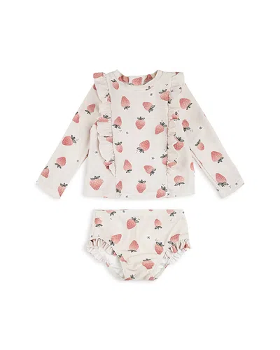 Firsts By Petit Lem Girls' Strawberry Print Long Sleeved Rash Guard Two Piece Swimsuit - Baby In Beige