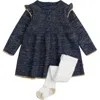 FIRSTS BY PETIT LEM FIRSTS BY PETIT LEM GOLD TWEED LONG SLEEVE SWEATER DRESS & TIGHTS SET