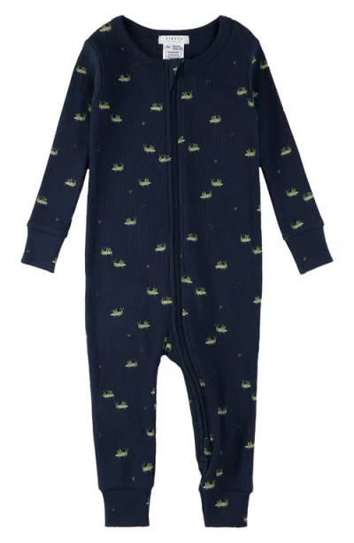 Firsts By Petit Lem Babies'  Grasshopper Print Cotton Rib Fitted One-piece Pajamas In Navy