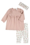 Firsts By Petit Lem Head Wrap, Ruffle Trim Long Sleeve Rib Dress & Leggings Set In Brown