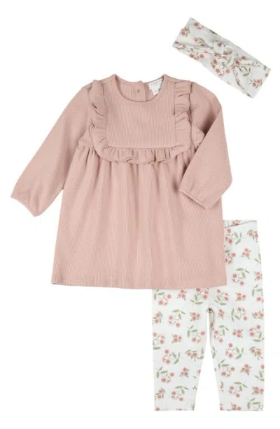 Firsts By Petit Lem Babies'  Head Wrap, Ruffle Trim Long Sleeve Rib Dress & Leggings Set In Brown