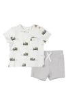 Firsts By Petit Lem Lawnmower Print Cotton T-shirt & Shorts Set In Off White