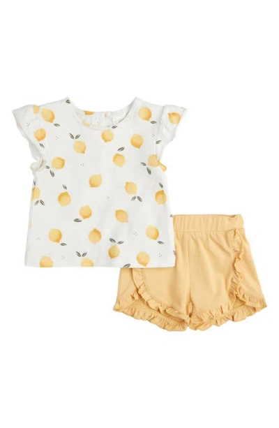 Firsts By Petit Lem Babies' Lemon Print T-shirt & Ruffle Shorts Set In Off White