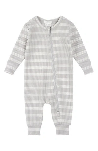 Firsts By Petit Lem Babies'  Lunar Rock Stripe Rib Fitted One-piece Pajamas In Light Grey