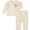 Firsts By Petit Lem Orange Appliqué Thermal Knit Top & Pants Set In Beige