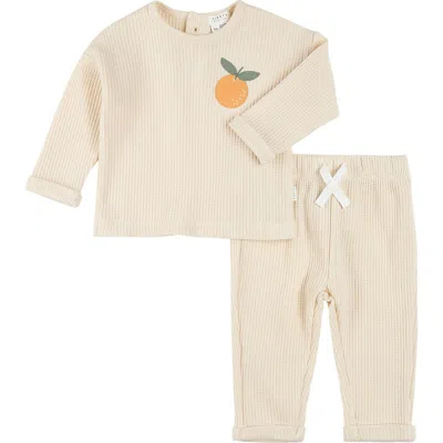 Firsts By Petit Lem Babies'  Orange Appliqué Thermal Knit Top & Pants Set In Beige