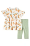 Firsts By Petit Lem Orange Print Cotton Flutter Sleeve Top & Leggings Set In Off White