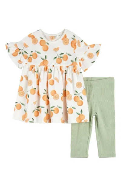 Firsts By Petit Lem Babies'  Orange Print Cotton Flutter Sleeve Top & Leggings Set In Off White