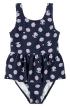 Firsts By Petit Lem Oyster Print Textured Skirted One-piece Swimsuit In Navy