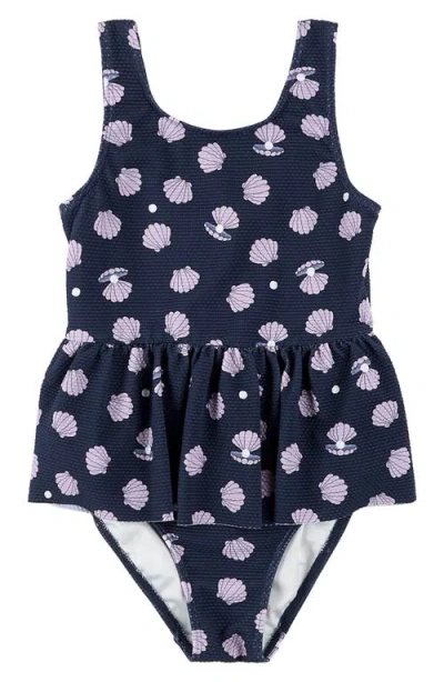Firsts By Petit Lem Babies'  Oyster Print Textured Skirted One-piece Swimsuit In Navy