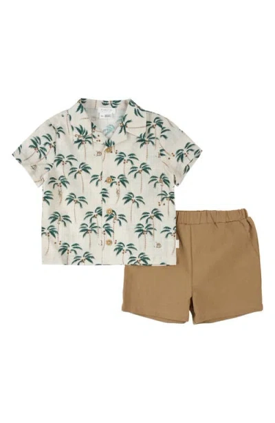 Firsts By Petit Lem Babies'  Palm Trees Crosshatch Camp Shirt & Khaki Shorts Set