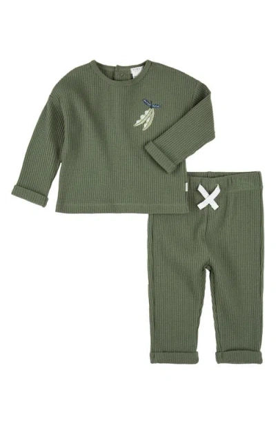 Firsts By Petit Lem Babies'  Pea Pod Embroidered Waffle Knit Top & Pants Set In Green