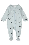 Firsts By Petit Lem Penguin Print Stretch Cotton Rib One-piece Footed Pajamas In Blue