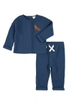 Firsts By Petit Lem Puppy Embroidered Thermal Top & Pants Set In Blue