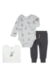 Firsts By Petit Lem Raccoon 3-piece Bodysuits & Rib Joggers Set In Gray