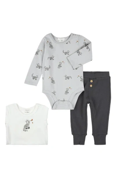 Firsts By Petit Lem Babies'  Raccoon 3-piece Bodysuits & Rib Joggers Set In Gray