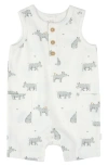 Firsts By Petit Lem Rhino Print Cotton Henley Romper In Off White