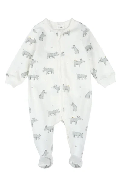 Firsts By Petit Lem Babies'  Rhino Print Cotton Print One-piece Footed Pajamas In Off White