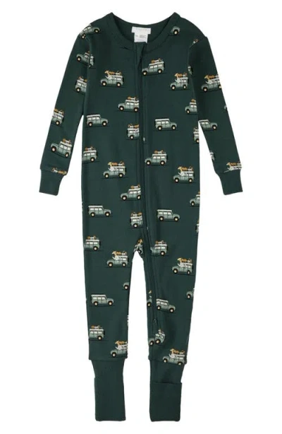 Firsts By Petit Lem Babies'  Safari Suv Print One Piece Organic Cotton Convertible Footie Pajamas In Turquoise
