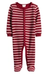Firsts By Petit Lem Scarlet Red Stripe Thermal Fitted Footie Pajamas In Multi
