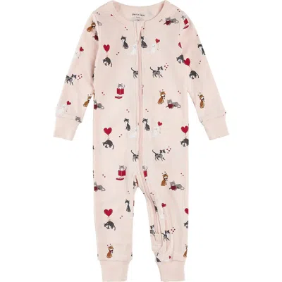 Firsts By Petit Lem Kids'  Valentine Cat Print Organic Cotton Fitted One-piece Pajamas In Pink
