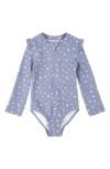 Firsts By Petit Lem Wildflower Print Ruffle One-piece Rashguard Swimsuit In Dusty Blue
