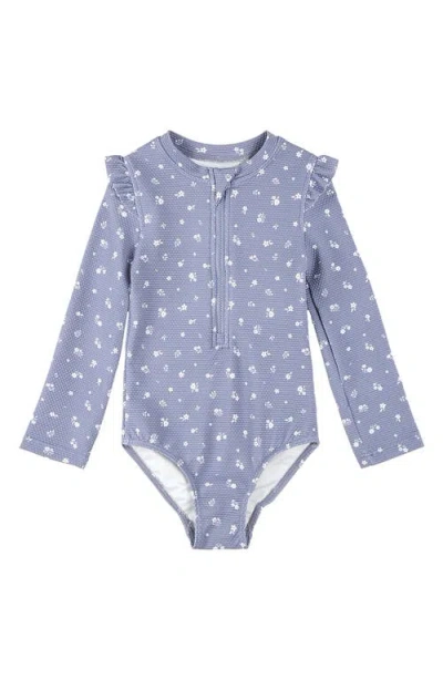 Firsts By Petit Lem Babies'  Wildflower Print Ruffle One-piece Rashguard Swimsuit In Dusty Blue
