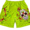 Fishirt Men's Green Activewear Shorts Mexican Skull Graphic Muertos Style - Lime