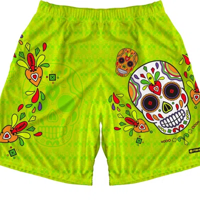Fishirt Men's Green Activewear Shorts Mexican Skull Graphic Muertos Style - Lime