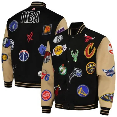 Fisll Black/khaki Nba All Logo Aviator Wool Varsity Jacket