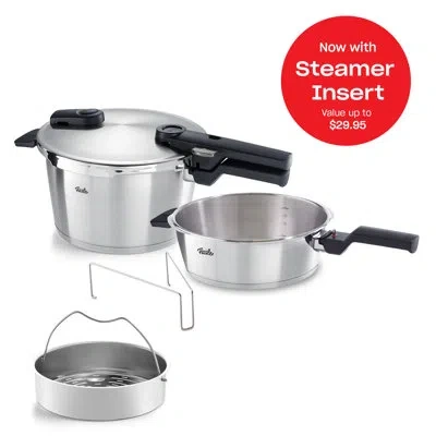 Fissler Vitaquick® Premium 2 Piece Set: 2.6 Quart Pressure Skillet And 4.8 Quart Pressure Cooker With Steame In Stainless Steel