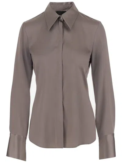 Fit Beige Stretch Silk Shirt With Pointed Collar