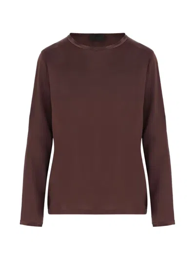 Fit Stretch Silk Sweater With Crew Neck And Long Sleeves In Brown